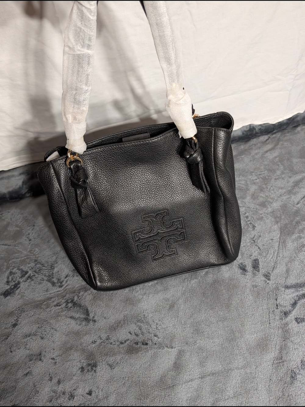 Tory Burch- Black Leather Tote Handbag with Embossed Logo